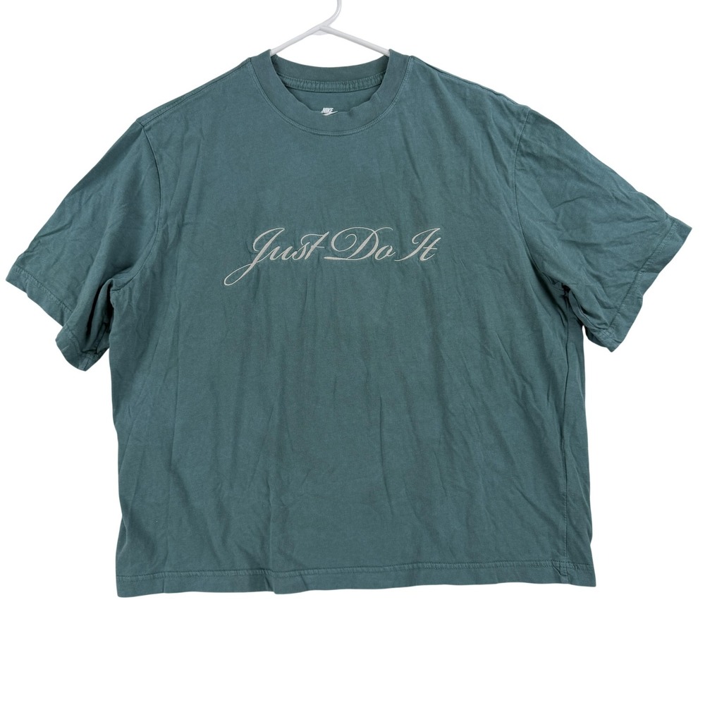 Nike Shirt Womens Medium Cropped Green Just Do‎ It Script Graphic Tee Loose